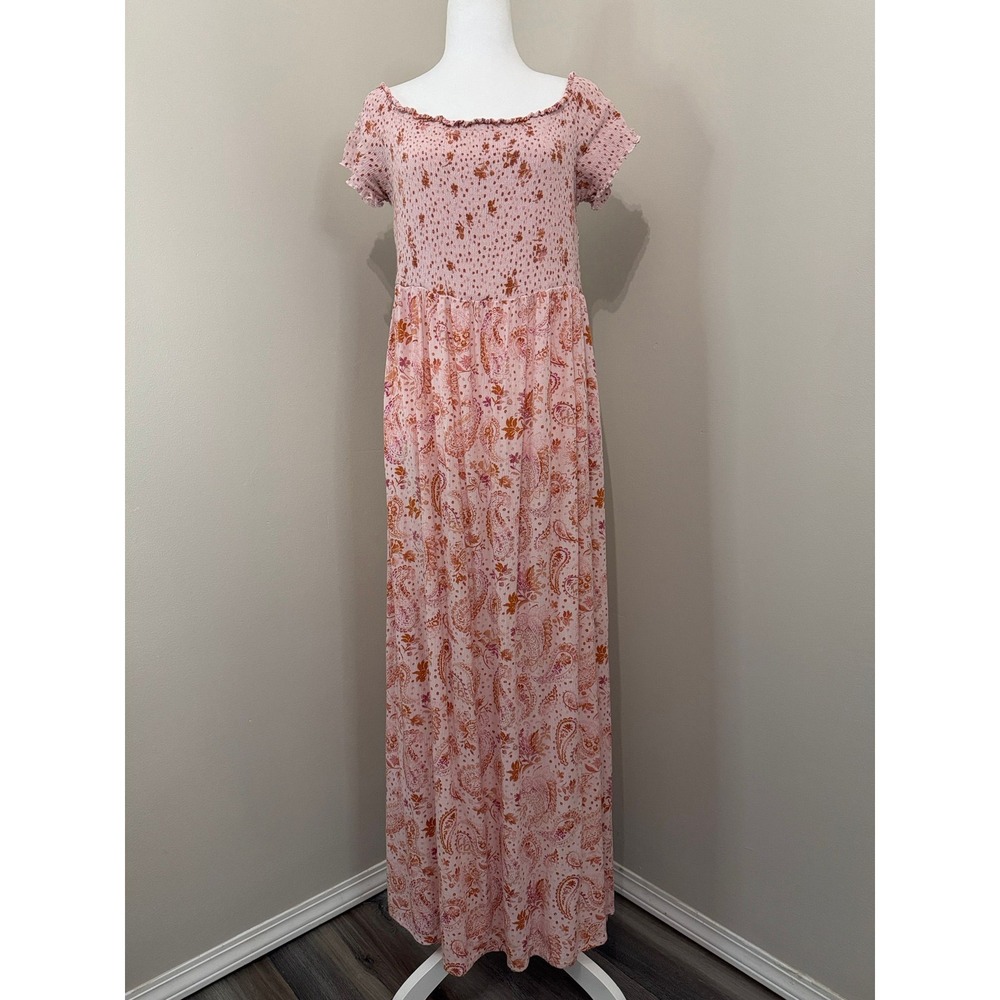 Wild Skye Pink Paisley Smock Maxi Dress XXL Boho Floral Short Sleeve Square Neck